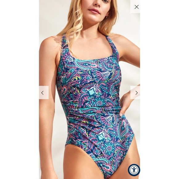 Caribbean Joe Paisley Print Side Shirred Square Neck 1 Piece Swimsuit Size 14 - Picture 2 of 10